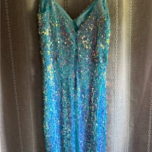 Blue Sequin V-Neck Prom Dress